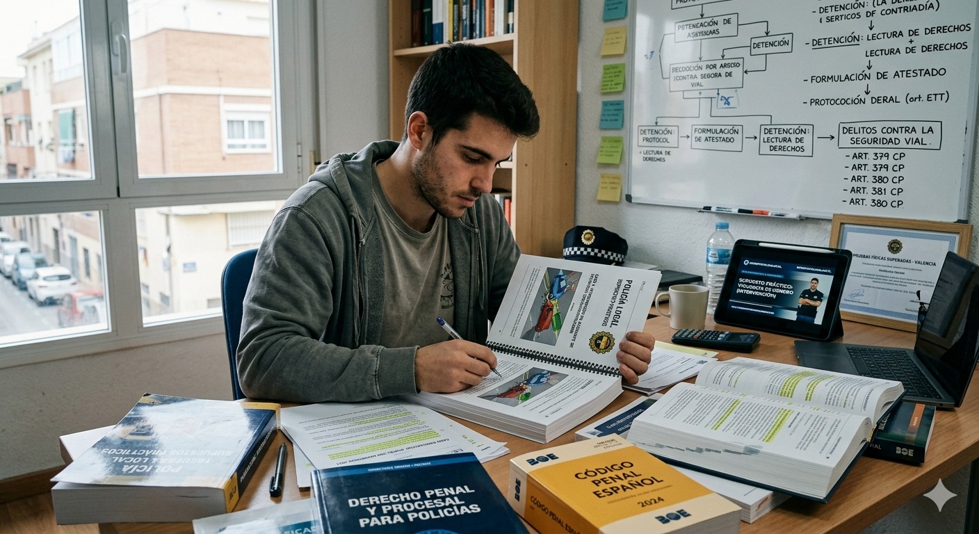 Alumno estudiando supuestos prácticos de Policía Local con libros de Derecho Penal